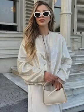 ZARA SEQUINED BOMBER JACKET BEIGE SIZE S